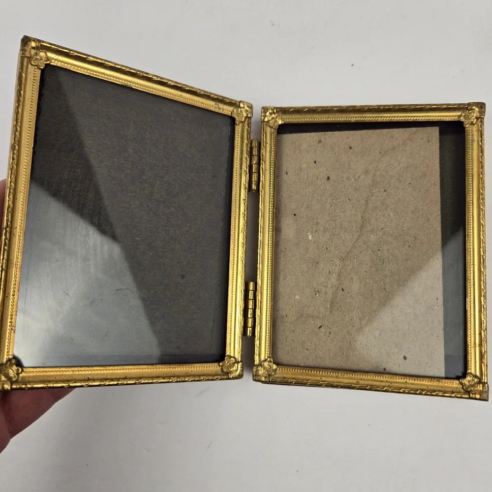 Vintage Gold Metal Folding Double Picture Frame Ornate Embossed Floral Bifold